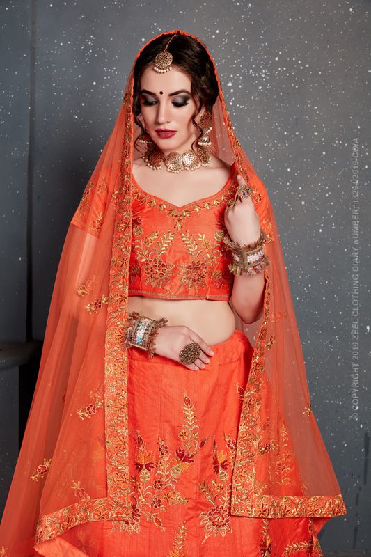 Orange Women's Slub Silk Embroidery Lehenga Choli