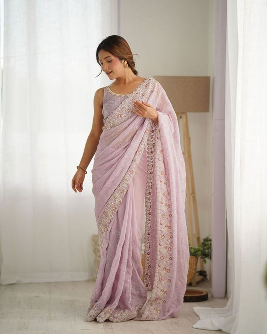 Lavender Georgette Coding And Sequins Embroidery Work Trendy Ceremonial Saree