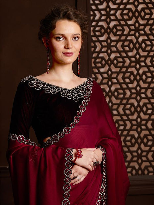 Maroon Stone Work Satin Chiffon Saree