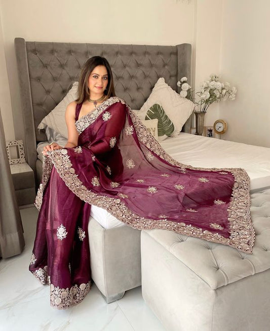 Wine Heavy Golden Jari Embroidery Work Organza Silk Saree