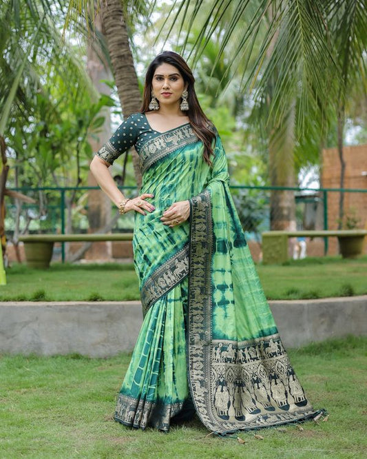 Green Wevon Designer & Sibori Printed Dola Silk Saree