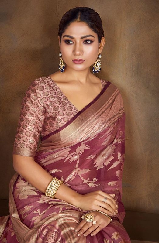 Purple Wevon Brasso Work Moss Brasso Saree