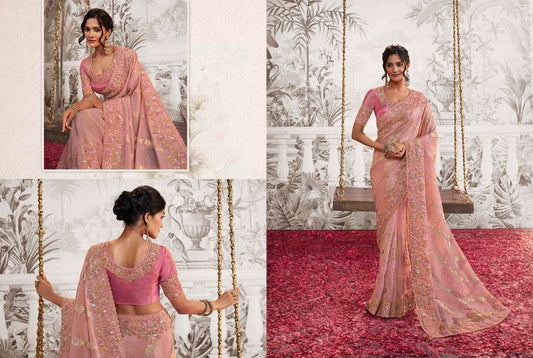 Baby Pink Heavy Designer Embroidery Work Crush Georgette & Dola Viscose Saree