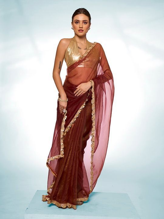 Brown Solid Designer Tissue Saree