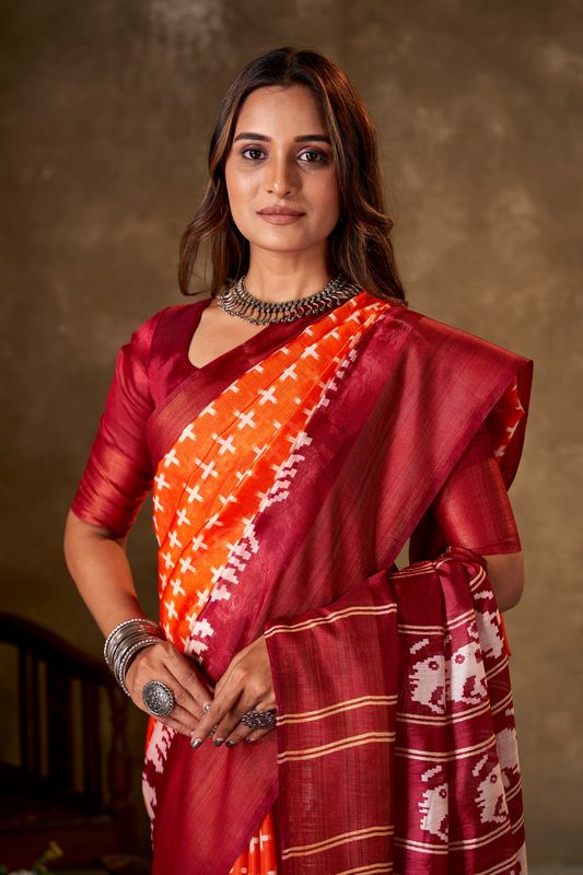 Orange Cotton Printed Saree and Stitched Maroon Blouse