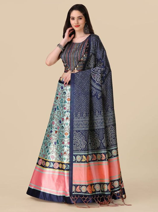 Digital Print Satin Silk Fabric Stitched Lehenga Choli With Jequared Blouse and Assami Silk Thread Work Dupatta For Women and Girls In Festive Party And Traditional Wear