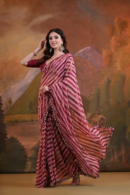 Maroon Laheriya Printed & Foil & Mirror Work Georgette Saree