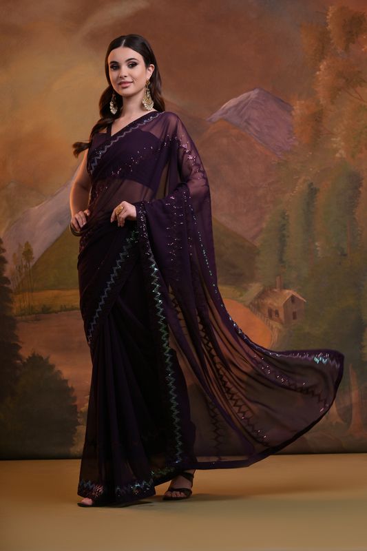 Wine Designer Sequance Embroidery Work Georgette Saree