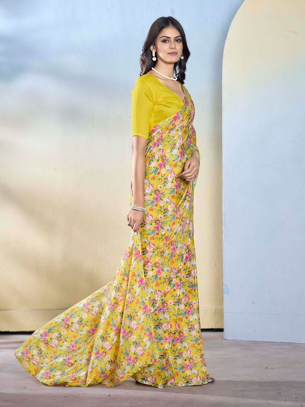 Yellow Color Beautiful Georgette Fabric Designer Printed Saree