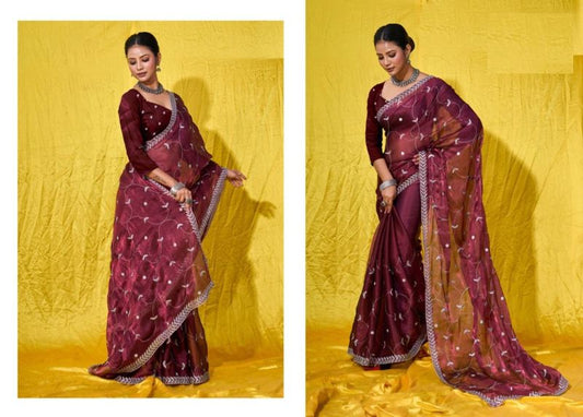 Maroon Silver Jari & Sequance Embroidery Work Burberry Silk Saree