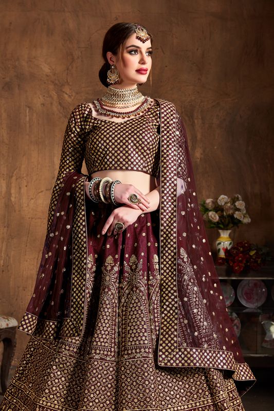 Maroon Women's Raw Silk Embroidery Lehenga Choli