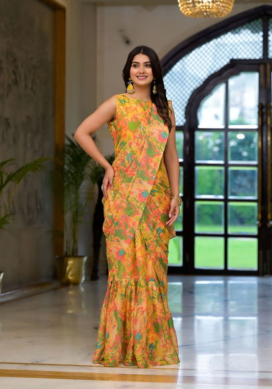 Yellow Imported Georgette Designer Printed Gown With Attachable Pallu For One Minute Saree Looks