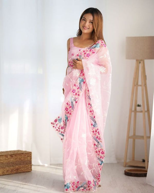 Pink Organza Fabric Multy Thread And Sequance Embroidery Work Festive Looks Graceful Saree