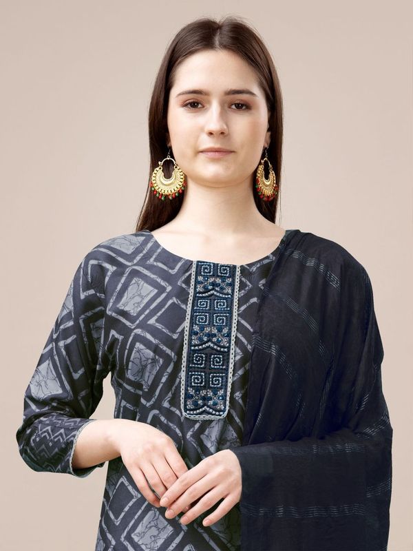 Grey Color Rayon Fabric Designer Printed Readymade Suits With Smart Embroidery Work