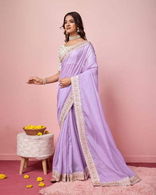 Girlie Purple Color Organza Saree With Ethnic Embroidery Work On Border And Blouse