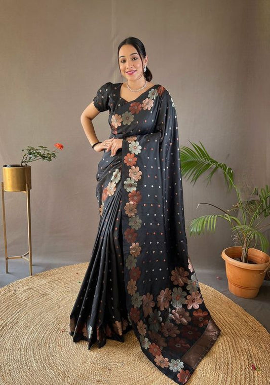 Black Weaving Jacquard Jari Designer Soft Silk Saree