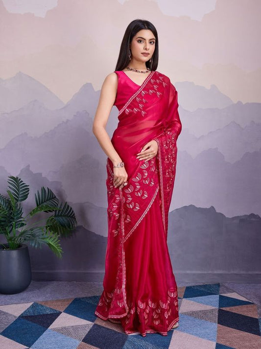 Pink Color Jimmi Silk Fabric Thread Sequins Embroidery Work Heavy Ceremonial Saree