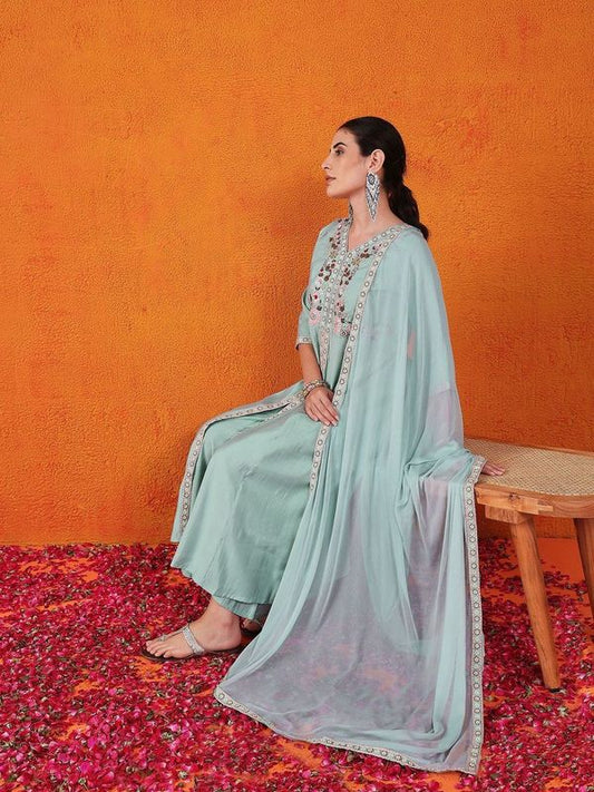 Sky Blue Color Beautiful Partywear Readymade Salwar Kameez