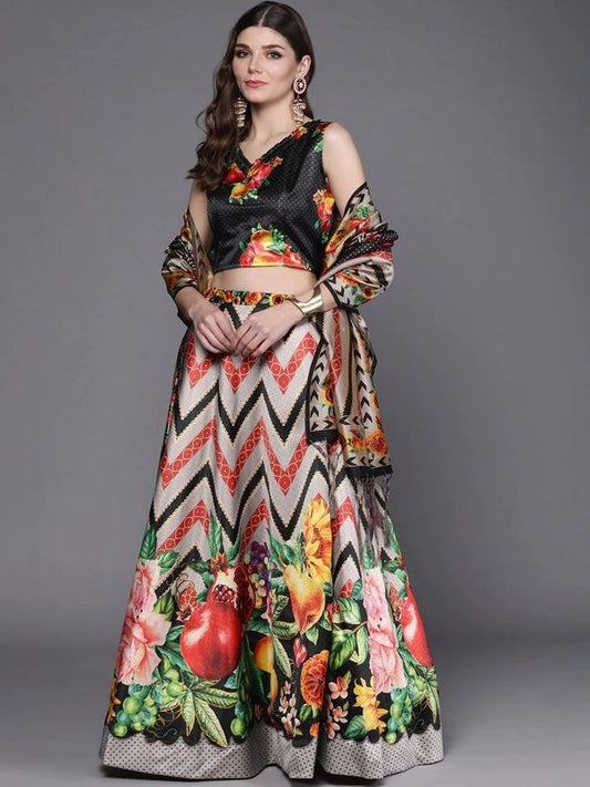 Bandhni Patola Type Digital Print Shiney Satin Croptop Lehenga Choli With Blouse For Women and Girls