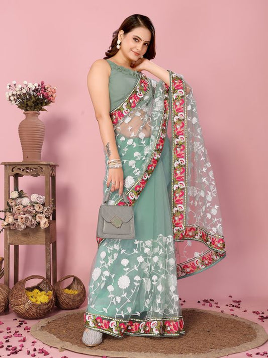 Grey Multy Thread Embroidery Work Soft Net Saree