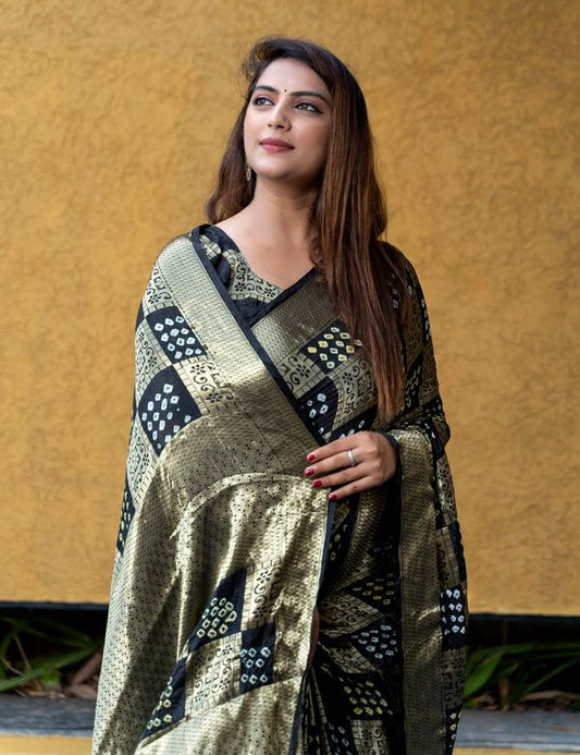 Black Wevon Designer & Bandhej Printed Silk Saree