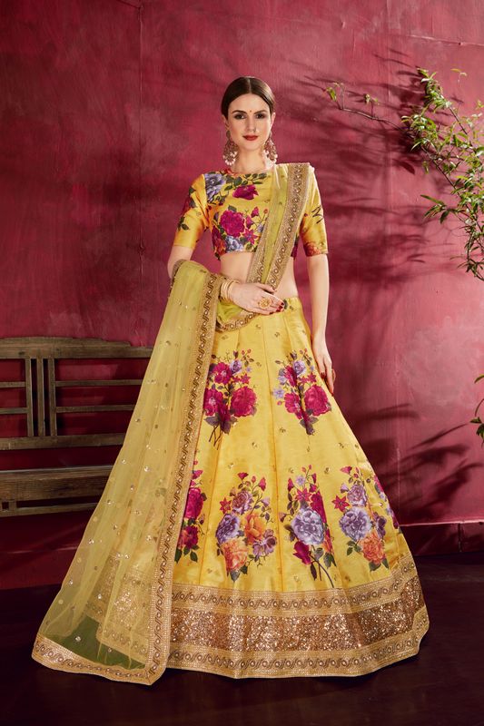 Yelllow Women's Heavy Banglori Silk Embroidery Lehenga Choli