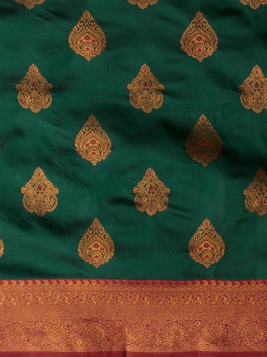Bottle Green Banarasi Silk Woven Saree With Tassels on Pallu and Stitched Maroon Blouse