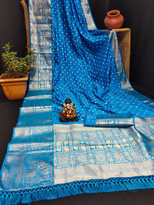 Blue Wevon Jari Heavy Designer & Bandhej Work Kanjivaram Silk Saree