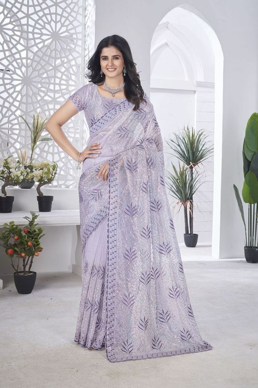 Lavender Multy Thread & Sequance Embroidery Cut Work Tissue Net Saree