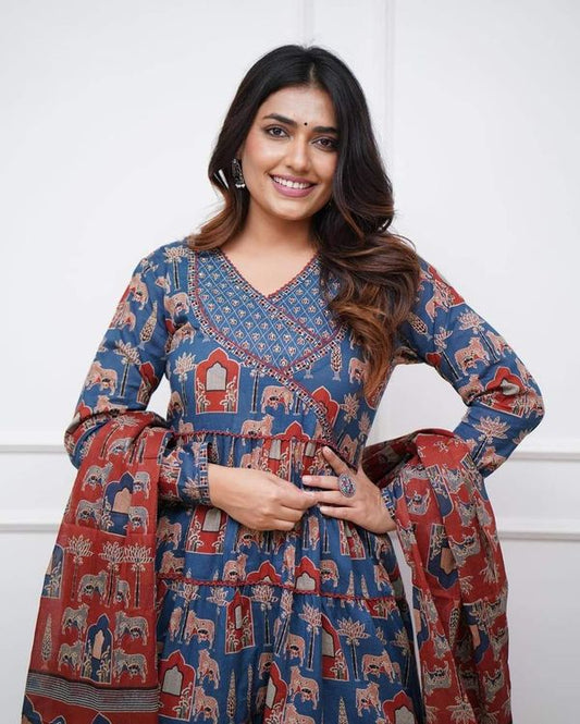 Blue Cotton A-Line Kurta, Anarkali Kurta