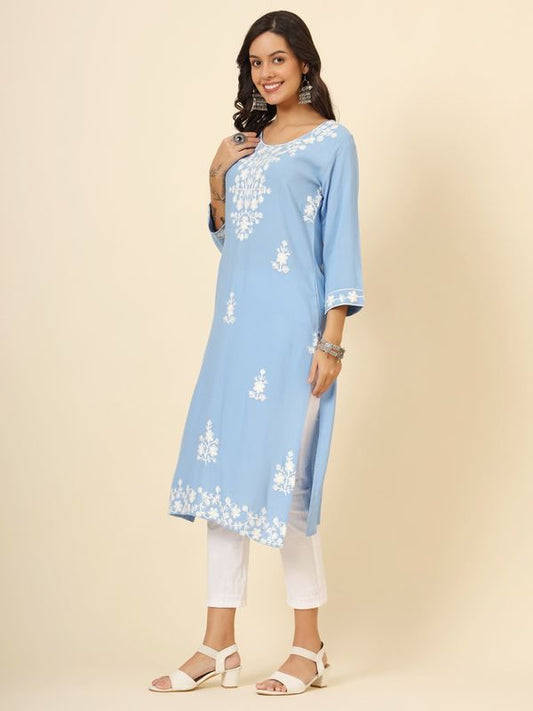 Sky Blue Liva Rayon Chickenkari Thread Embroidery Work Formal Looks Indian Ethnic Kurta