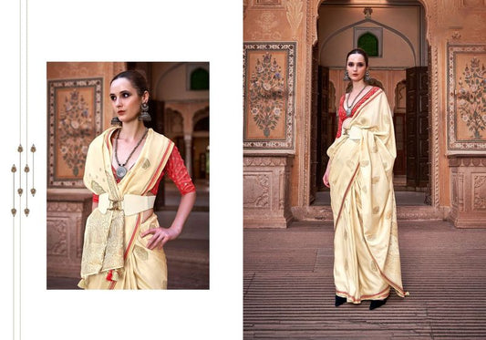 Cream Weaving jari Designer Satin Silk Saree