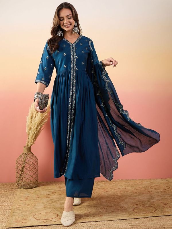 Blue Color Beautiful Woven Silk Readymade Suit with Festive Thread Embroidery Work