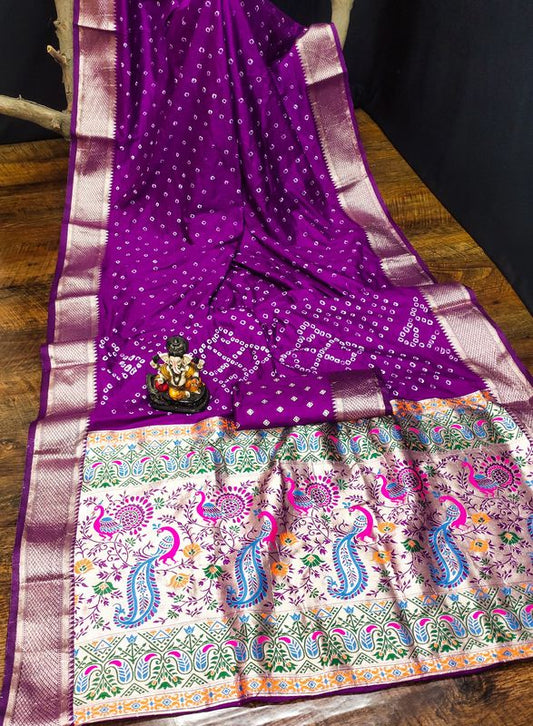 Purple Dola Silk Wevon Pallu Border Designer Saree With Traditional Bandhej Printed