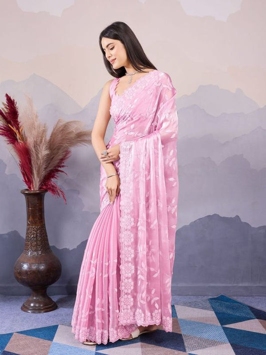 Pink Color Burberry Silk Designer Sequins Embroidery Work Girlie Wedding Wear Saree