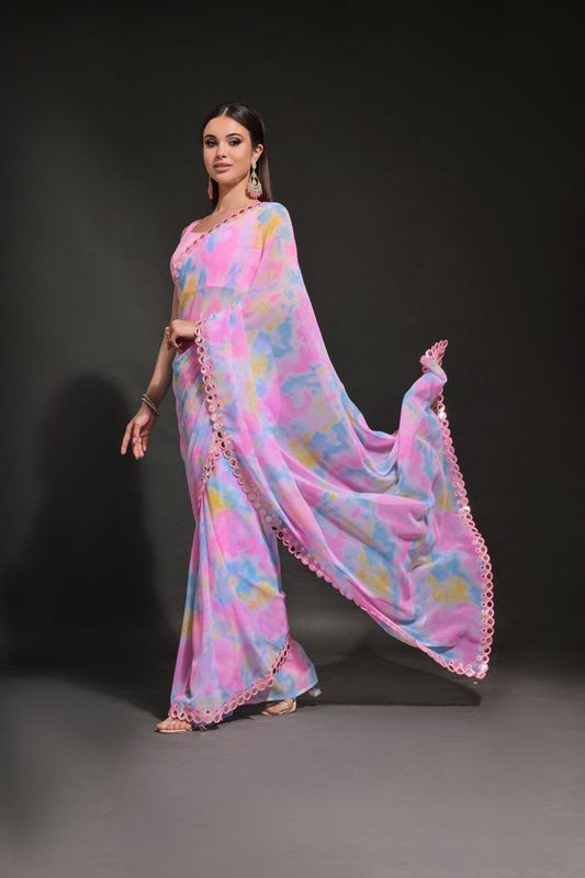 Pink Prizam Printed & Mirror Work Lace Border Georgette Saree