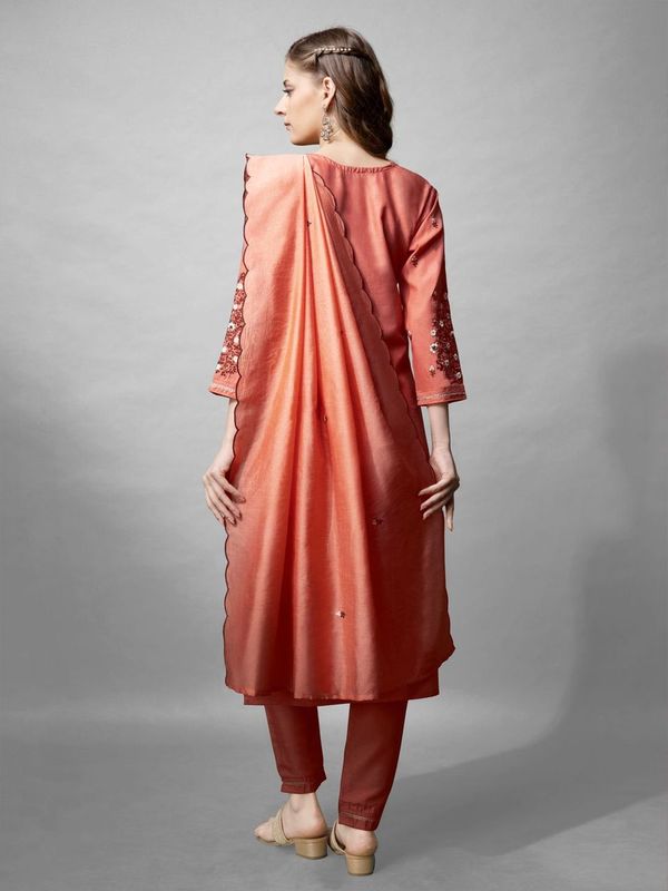Coral Color Cotton Blend Readymade Dress With Designer Embroidery Work