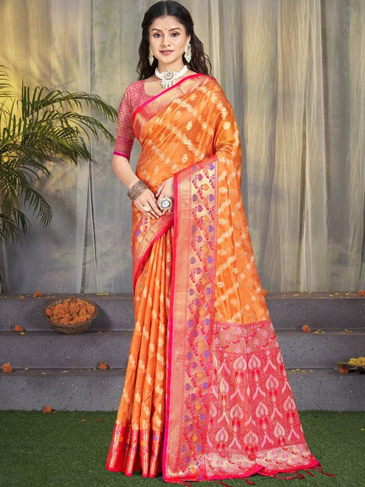 Orange Color Graceful Silk Fabric Saree With Wevon Jacquard Designer