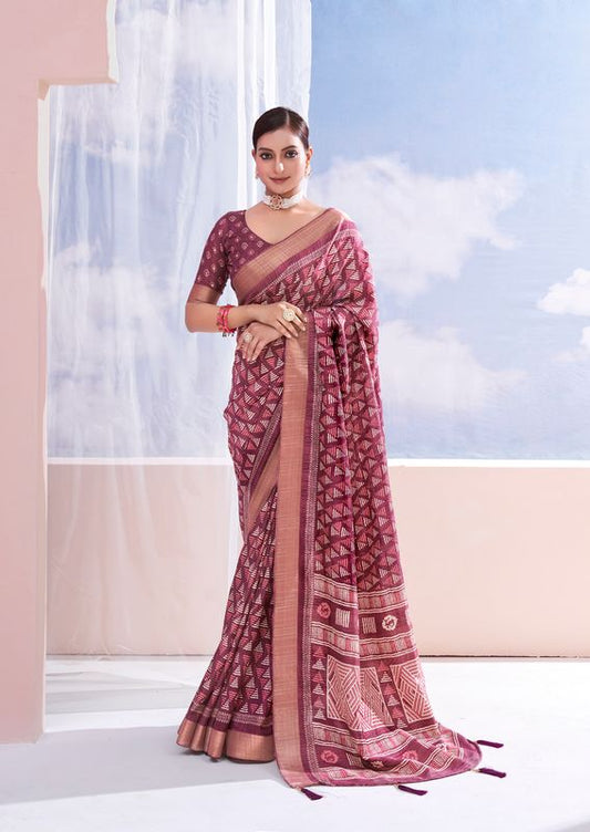 Velvet Maroon Wevon Border Designer With Printed Dolla Silk Saree