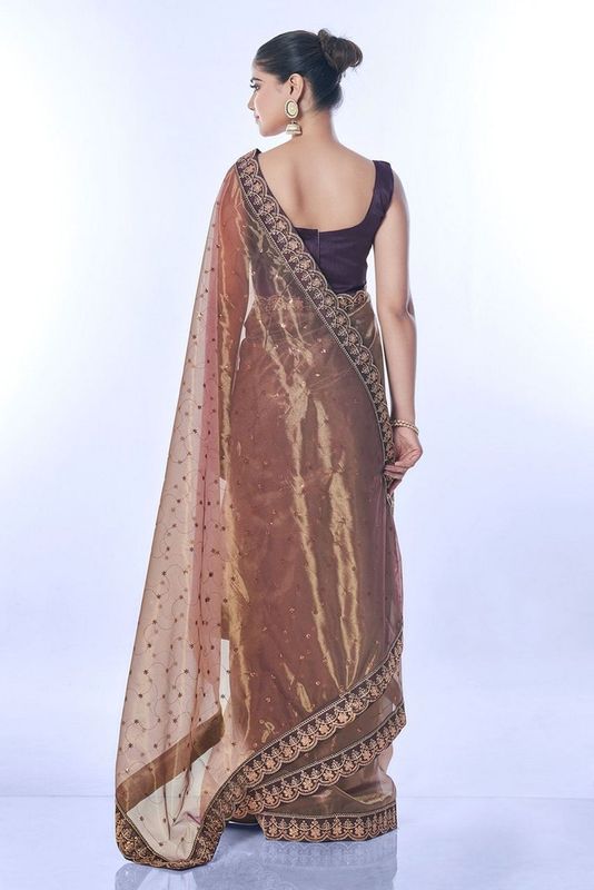 Brown Color Golden Net Partywear Sequins Embroidery Work Ethnic Saree