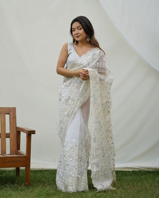 White Sequance & Thread Embroidery Work Organza Saree