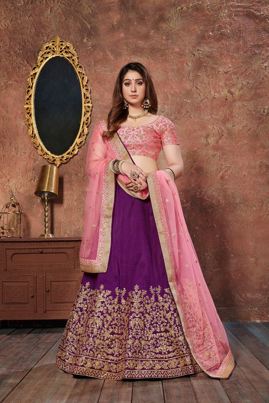 Purple Women's Mulberry Silk Embroidery Lehenga Choli