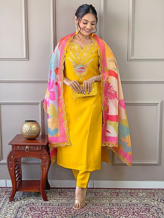 Beautiful Mustard Color Viscose Fabric Graceful Embroidered Readymade Suit