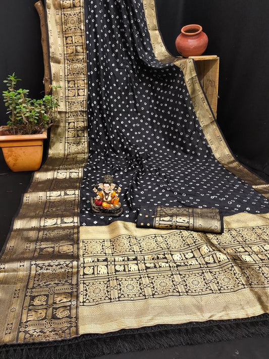 Black Wevon Jari Heavy Designer & Bandhej Work Kanjivaram Silk Saree