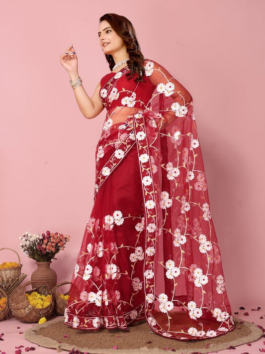 Maroon Designer Thread Embroidery Work Net Saree