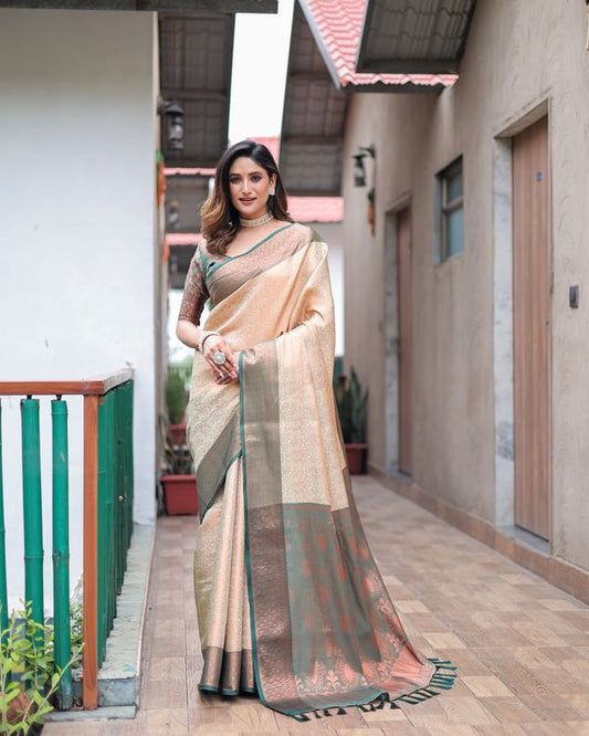 Beige Wevon Copper Jari Designer Kanjivaram Silk Saree