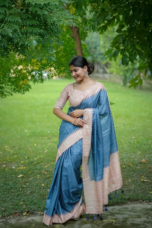 Blue Wevon Kantha Designer & Printed Tussar Silk Saree