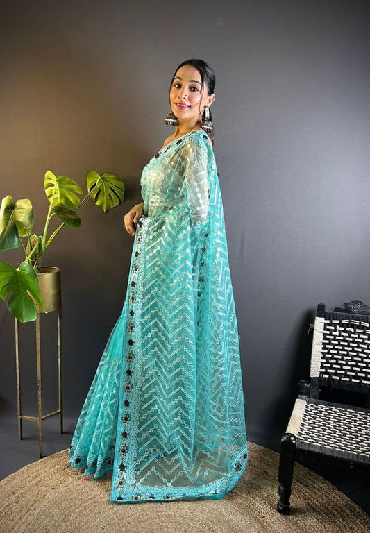 Blue Color Butterfly Net Fabric Embroidery Work Ceremonial Saree