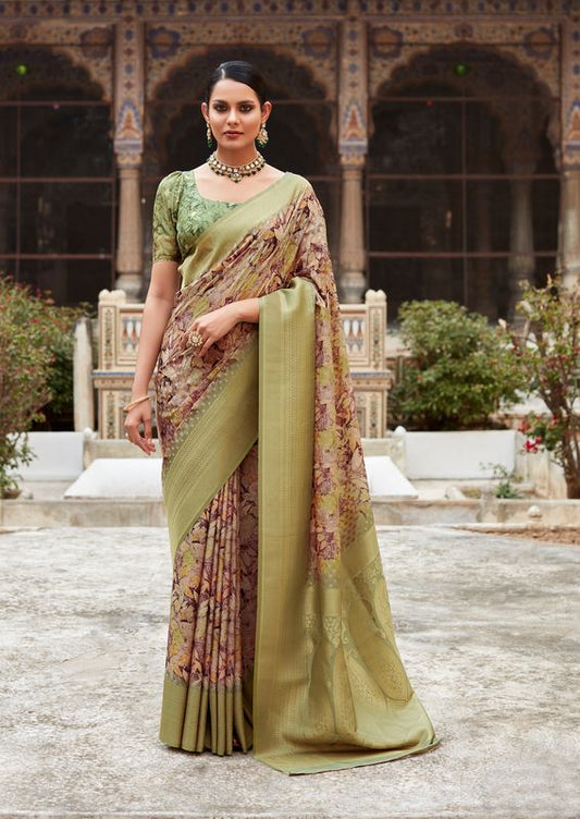 Green Weaving Border Designer & Digital Printed Tissue Silk Saree