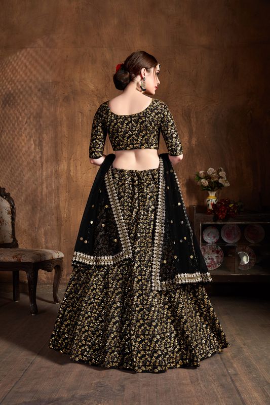 Black Women's Raw Silk Embroidery Lehenga Choli